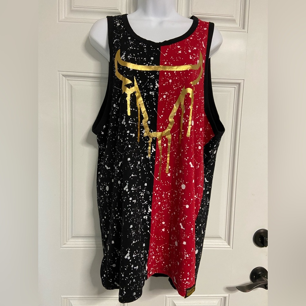 T9a- SWITCH REMARKABLE Red and Black Splatter Tank Top with Gold Bull Design